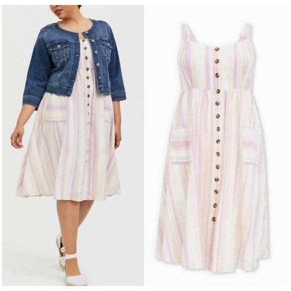 torrid Dresses & Skirts - Torrid linen cotton Pastel Striped Midi Dress with pockets